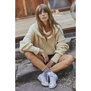 Free People Leo Tunic Sweater Cowlneck‎ Small in Sassy Peach Combo Size XS NWT